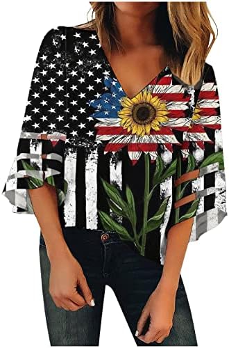 Женска каприта крпеница блуза лето есен 3/4 ракав против вратот Денот на независноста графичка блуза маичка за дами