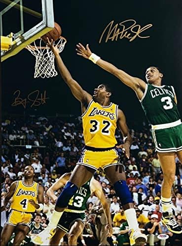Magic Johnson & Bryan Scott Nba Lakers & Celtics потпишани 16x24 Photo PSA Z53280 - Автограмирани НБА фотографии