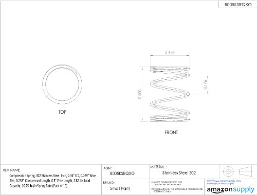 Компресија пролет, 302 не'рѓосувачки челик, инч, 0,36 OD, 0,029 големина на жица, 0,238 компресирана должина, 0,5 бесплатна должина, капацитет на оптоварување од 2,82 фунти, 10,75 фу?