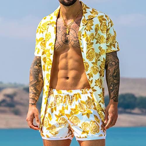 2023 Нови мажи летен моден сет за слободно време Ориентација печатена костум на хавајски копче за плажа со кратки тенок костум