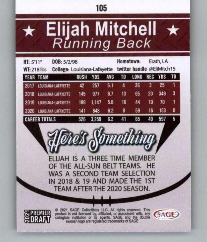 2021 Sage Hit Premier Draft Silver 105 Elijah Mitchell RC Rackie Louisiana-Lafayette Ragin 'Cajuns Football Trading Card