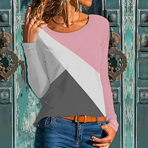 Плус големина на тренингот врвови, женски геометриски блок во боја y2k гроздобер маица лабава вклопена долга ракав екипаж на блуза