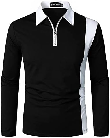 XXBR машки патент Поло кошули со долги ракави поштенски патент во боја на вратот блок крпеница лаптолна јака голф врвови случајна