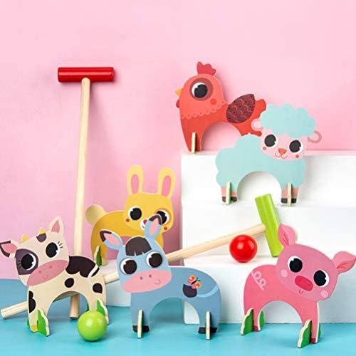 Toyandona Kids Croquet Set, цртани дрвени животински крокет постави смешни игри за тревници за момчиња девојчиња