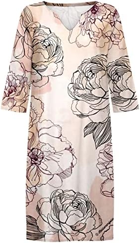 Icodod фустан женски 2023 лето летен ретро цветен печатење V врат памук средна должина со кратки ракави фустани за жени
