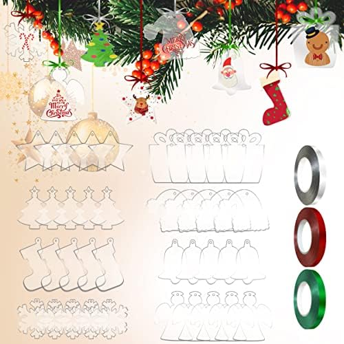 Диви растојанија 48 парчиња акрилик Божиќ 2022 Нова Година јасни украси празно Декорација на Божиќно дрво DIY 8 форми со дупка со лента