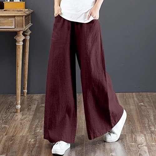 Panенски постелнини панталони еластични панталони со високи половини, обични широки нозе кулоти Палацо дневна панталони со џебови