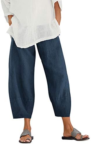 Панталони за летни женски летни женски памучни постелнини лабави вклопуваат печатење со висока половината, пукано лесна еластична исечена