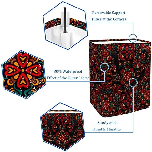 Перење Попречува, Преклопување Кошница За Перење со Рачки &засилувач; Загради 60L ЗА Спална Соба Дом Играчка Облека Складирање Мандала Црвена Психоделична