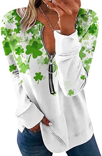 Ефофеи, женски Свети Патрик, половина патент џемпер со долги ракави Детелина кошули Ирска Шамрок печати врвови
