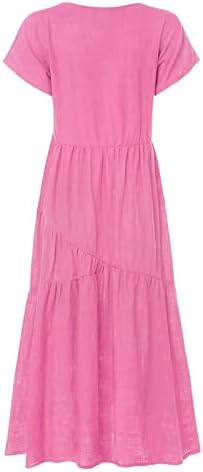 Плус фустан со големина за жени, летни фустани за жени 2023 година со цврста боја женски фустани памучни постелнина џеб на ракави без ракави