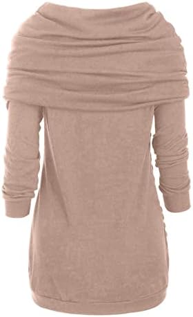 Women'sенски кабел плетен џемпер плус големина o-врат со долг ракав цврсти шишиња асиметрични врвови на џемперот