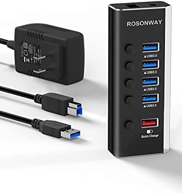 НАПОЈУВАН USB Центар РОСОНВЕЈ Алуминиум 5 Порт УСБ Центар Експандер со 4 USB 3.0 Порти За Податоци и 1 Порта За Брзо Полнење, USB Центар 3.0 Сплитер