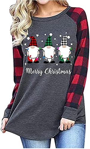 Божиќни долги ракави карирани кошули за жени обични модни туники врвови симпатична гоблин гном печатење во боја блоза