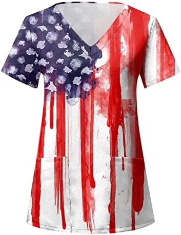 Американско Знаме 4 јули Женски Плисирани Издувани Обични Ракави Врвови Лето V Маици За Вратот Лабави Блузи Облечени S-3XL