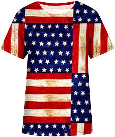 Women'sенски американски маички со маици со знаме на врвови на екипажот на кратки ракави, кошула на вратот на вратот 4 -ти јули,