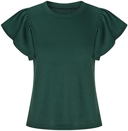 Женски кошули летни рафлени ракави маички каузални кружни врат обична маица мода лабава вклопени кратки врвни блузи