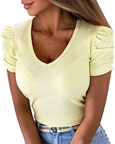 Womenените летни маици, женски елегантни кратки ракави на врвови на ракави со ребра, плетени V-врата, основни тенок фит блузи кошули Елегантни тепи