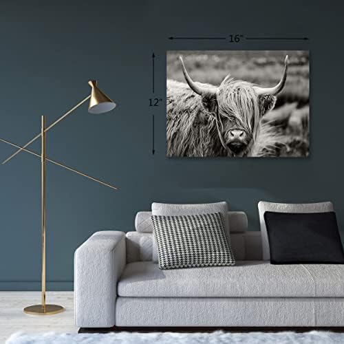 Хајленд крава wallидна уметност, црно -бел пејзаж, крави слики wallидни декор, wallиден декор на фармата за дневна соба спална соба модерен дом декор подготвен да виси ист