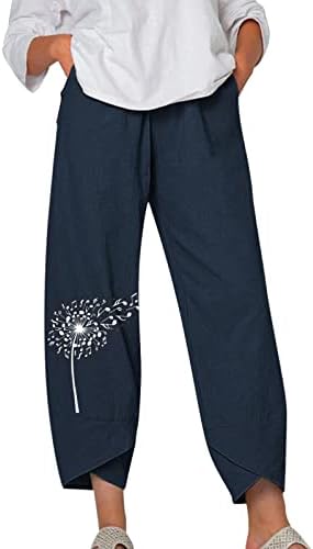 Обични панталони женски истегнат женски долг памук и неправилна смалување на половината на глуварчето за глуварче, случајни пантолони за панталони