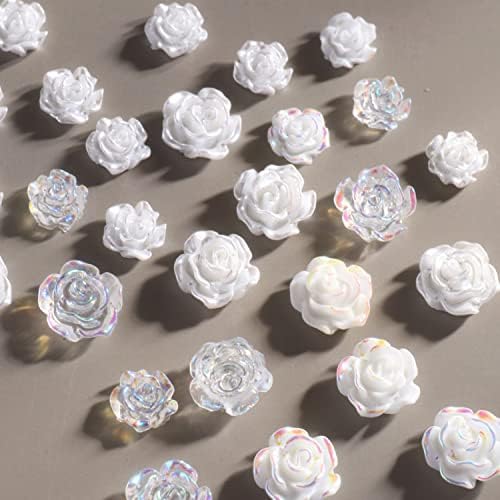 Цвеќиња украси за уметност на нокти, 5Д цветни нокти Арт Ринестон Дизајн, Бели цвеќиња за сјајни накит скапоцени камења за налепници