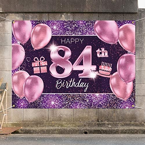 Пакбум Среќен 84-Ти Роденден Банер Позадина - 84 Роденден Декорации Материјали За Жени-Розова Виолетова Злато 4 x 6ft