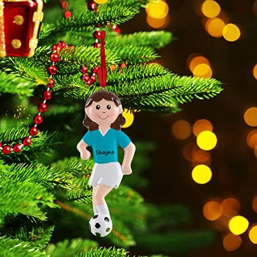 Персонализирана украс за фудбалско девојче - Фудбалско Божиќно украс - обичај фудбалска топка - сина униформа за женски фудбалер - спортски