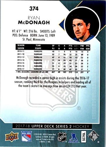 2017-18 Горна палуба Серија 2 374 Рајан Мекдонаг во хокеј картичка во Newујорк Ренџерс