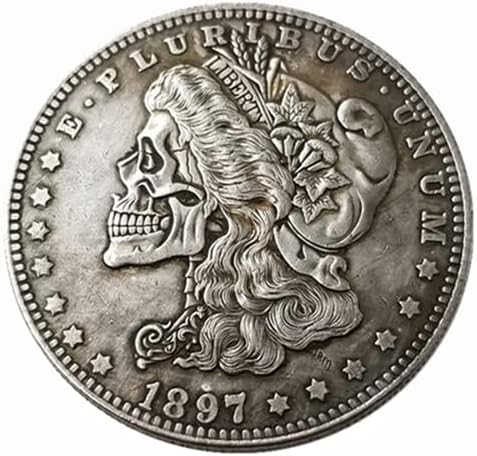Череп глава хобо монета, американска Морган копираат антички хобо никел монета комеморативна играчка за значка, вклучен заштитен случај