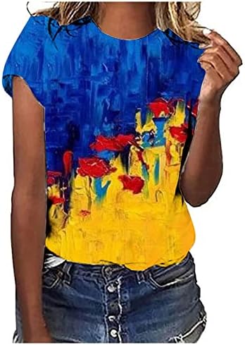 Неонски летни кошули за жени со кратки ракави екипаж Туника врвови естетско зајдисонце графичко маичка маица фустана случајна блуза