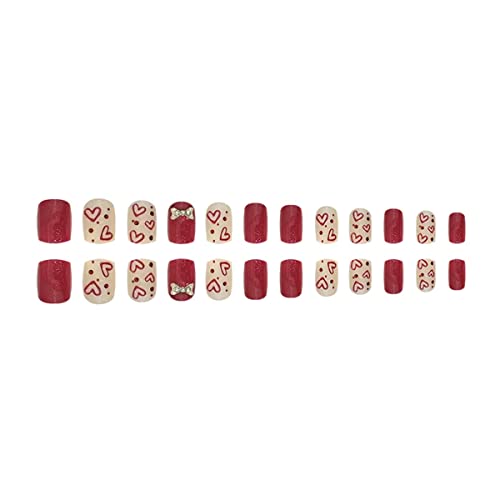 24 парчиња Црвено Срце Притиснете На Ноктите Краток Квадрат Денот На Вљубените Лажни Нокти Целосна Покривка Лепак на Ноктите Со Дизајн Црвен