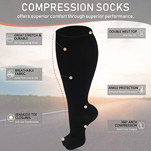 Диу Лајф 3 Пара Плус Големина Компресивни Чорапи За Жени И Мажи Широко Теле 20-30ммхг Екстра Голема Поддршка На Коленото За Циркулација