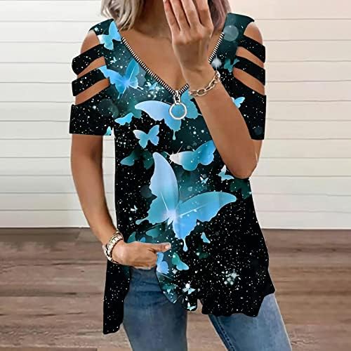 2023 Летни Женски Блузи Облечени Секојдневни Ладни Рамо Маица Туники Патент Со Кратки Ракави V Вратот Пеперутка Печатење Блузи
