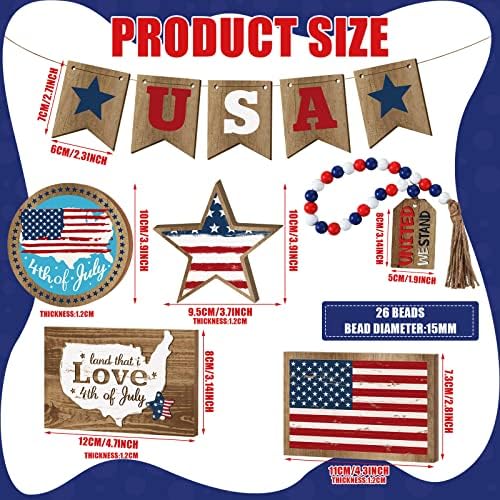 10 парчиња 4 -ти јули, издвоен тач за декор постави патриотски нивоа на таблички декор Американска starвезда дрво знаци рустикална фарма куќа декор
