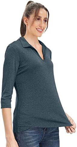 Women'sенски 3/4 ракав голф кошули Обични V вратот врвови тренингот спортски рекреација поло маица цврсто копче надолу кошули