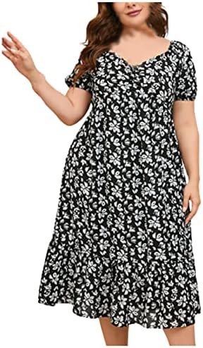 Hcjkdu лето плус големина фустан за жени со краток ракав од рамо лабава бохо цветна фустан руфла проток на замав миди фустани