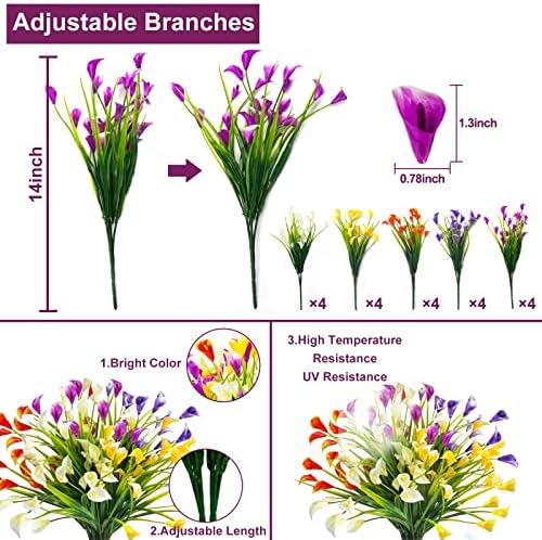 20 снопови кала лили вештачки цвеќиња за отворено, ув отпорен на лажни растенија пластични летни цвеќиња затворени надвор од висечки пластери