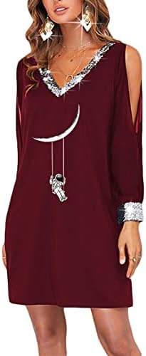 Миашуи удобен фустан 2022 жени против фустани за вратот Паилет со долг ракав печатена маица фустан од рамото долго лето