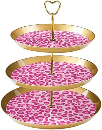 Држач за розови кекс на леопард за тесто, 3 нивоа пластична златна торта штанд за десерт маса, кула за кукави кула за куќи за тесто