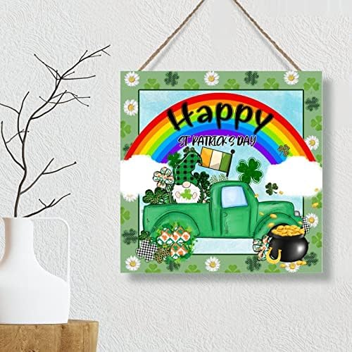Вуд знак Св.Патрик Зелен камион Гном Кловер знак Среќа тенџере со злато виножито дрвена врата виси знаци Среќни каверки Среќен Св Патрик