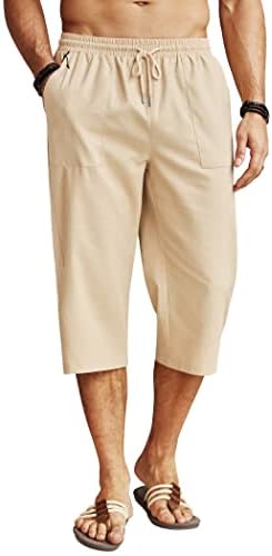 Coofandy машки постелнина капри панталони обични лесни лесни 3/4 баги панталони за влечење на еластична половината плажа јога панталони со џебови