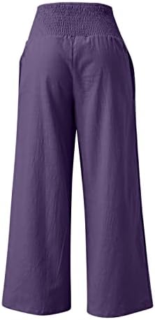 Широки памучни ленти панталони за жени летни обични панталони со широки нозе со џебови со џебови, исцртани панталони со високи половини, панталони