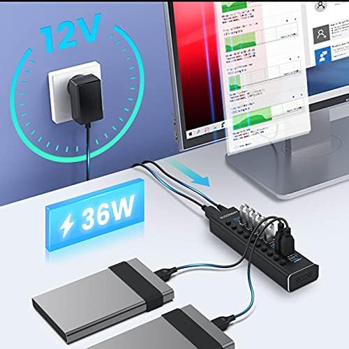 НАПОЈУВАН USB Центар, Rosonway Aluminum 10 ПОРТ USB 3.0 Центар За Податоци СО 36w Адаптер За Напојување И Индивидуални ПРЕКИНУВАЧИ