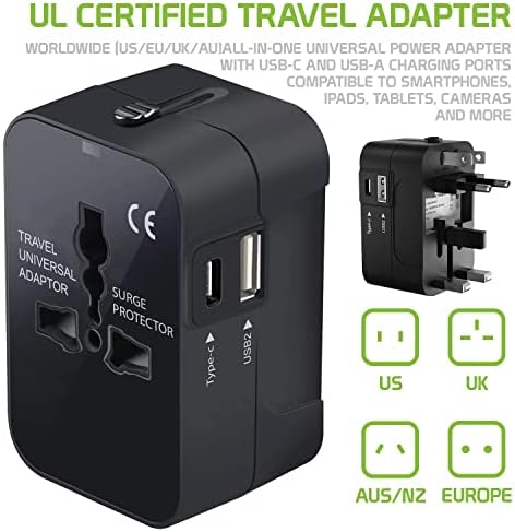 Travel USB Plus Меѓународен адаптер за напојување компатибилен со Samsung Galaxy Ace 3 за светска моќ за 3 уреди USB Typec, USB-A за патување