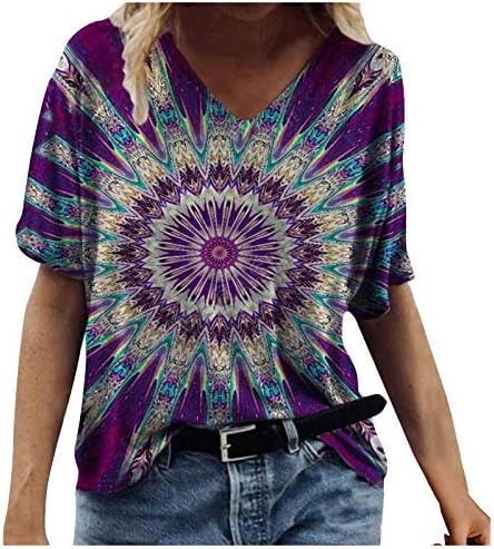 Lutенски летни кратки ракави маички против вратот шарени цветни печатени тунични маички трендовски обични лабави плус големина блуза блуза