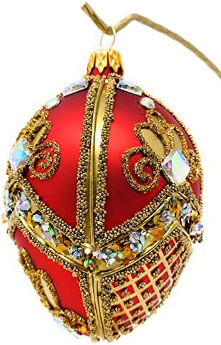 Полска галерија Fabergé Egg 5-инчи разнесена стакло елка украс кралско црвено со златни украси
