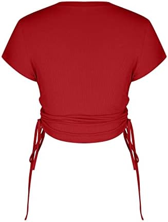 Comigeewa Краток ракав екипа на екипажот за блуза за блузи за дами есен лето плетенка лента за хартија, го уништи основниот врв QR QR