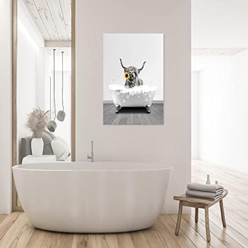 Ципретска црно -бела висорамнината крава во када платно wallидна уметност смешна долга лонгор Сонк на сончоглед гроздобер животински постери соба естертична модерн