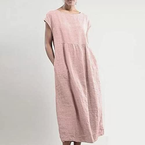 Fragarn Letterенски летен случај со цврста цврста боја со цврста боја на о-вратот О-лабав џеб зашивање памучен постелнина фустан