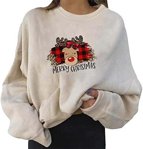 Женски Божиќен џемпер Обичен кратки тркала со долги ракави со долги ракави, печатена кошула, врвен женски џемпер со долго руно